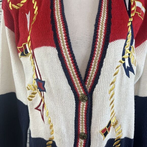 Vintage Karen Scott Cardigan Sweater size Small Red Blue Nautical Sailor Boating - Picture 4 of 10